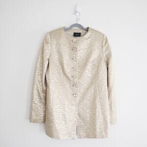Akris US 10 Gold Lamé Collarless Jacket Button Front Longline